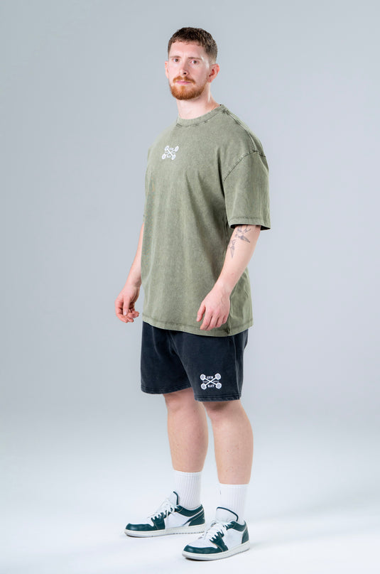 Men Oversized Heavyweight Vintage Printed T-shirt Olive Green