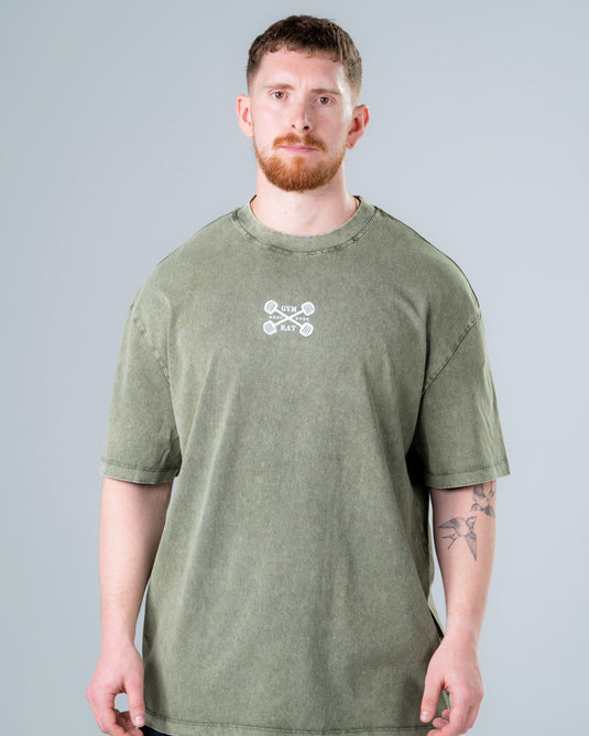 Men Oversized Heavyweight Vintage Printed T-shirt Olive Green