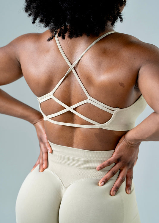 Women Seamless Knitted Cross-Back Bra Beige