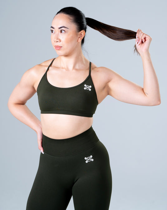 Women Seamless Knitted Cross-Back Bra Army Green