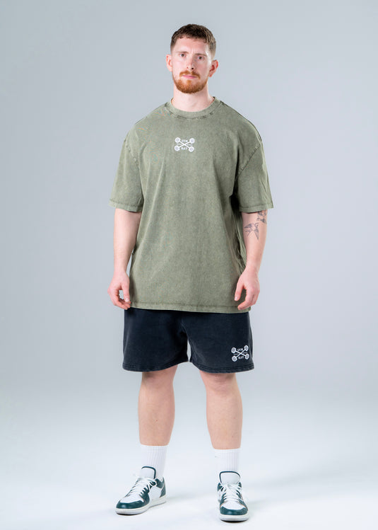 Men Oversized Heavyweight Vintage Printed T-shirt Olive Green