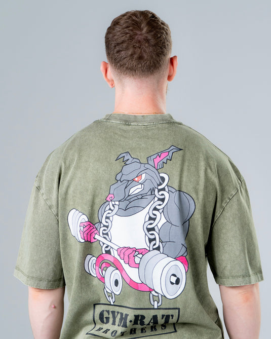 Men Oversized Heavyweight Vintage Printed T-shirt Olive Green